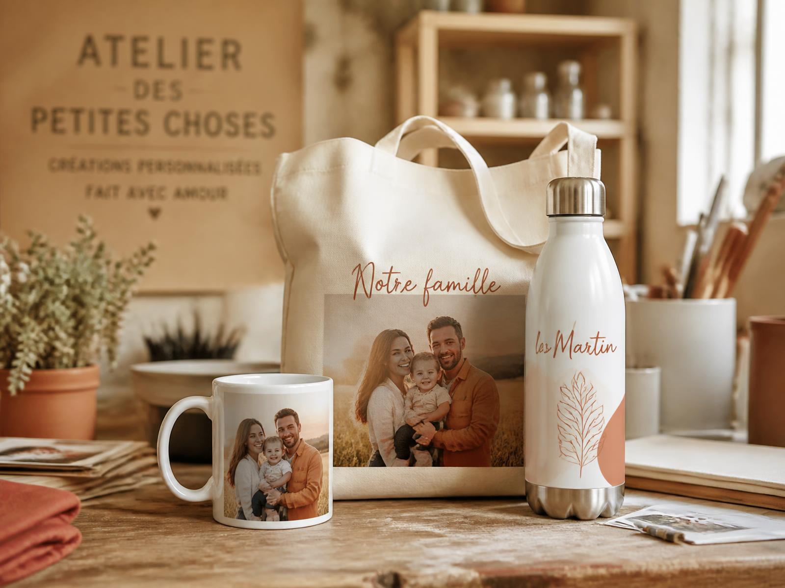 Mug, gourde et sac en coton personnalisés avec une photo de famille dans l'atelier